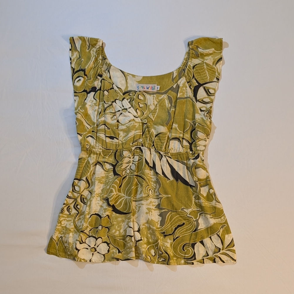 Vintage 90s Jams World Green Tropical Floral Rayon Empire Waist Top M